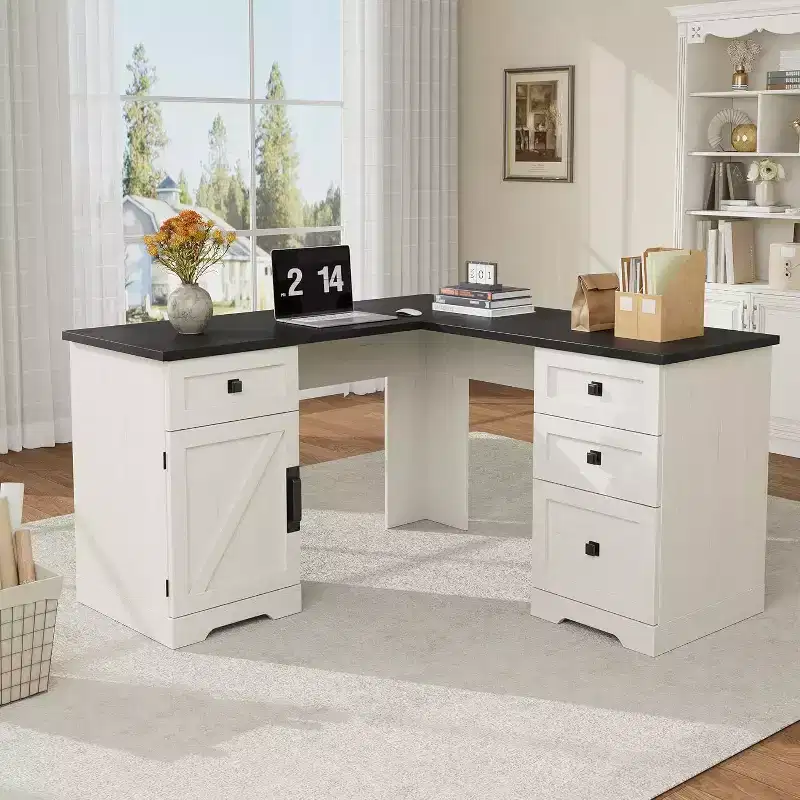 60 L-Shaped Farmhouse Desk - File Drawers & Storage Cabinet, Corner Computer Desk for Home Office