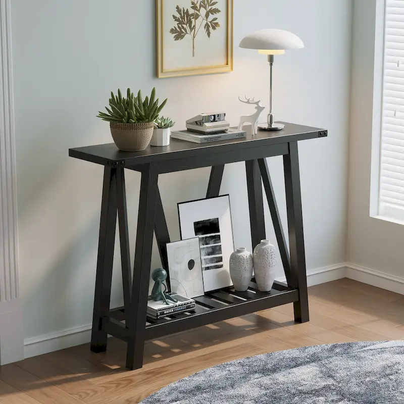 Washed Gray / Black / Brown Console Table with Storage Shelf, 1-Person Assembly