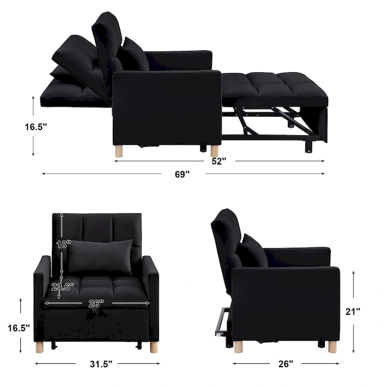 3-in-1 Convertible Sleeper Sofa Lounge Chair Bed, Black