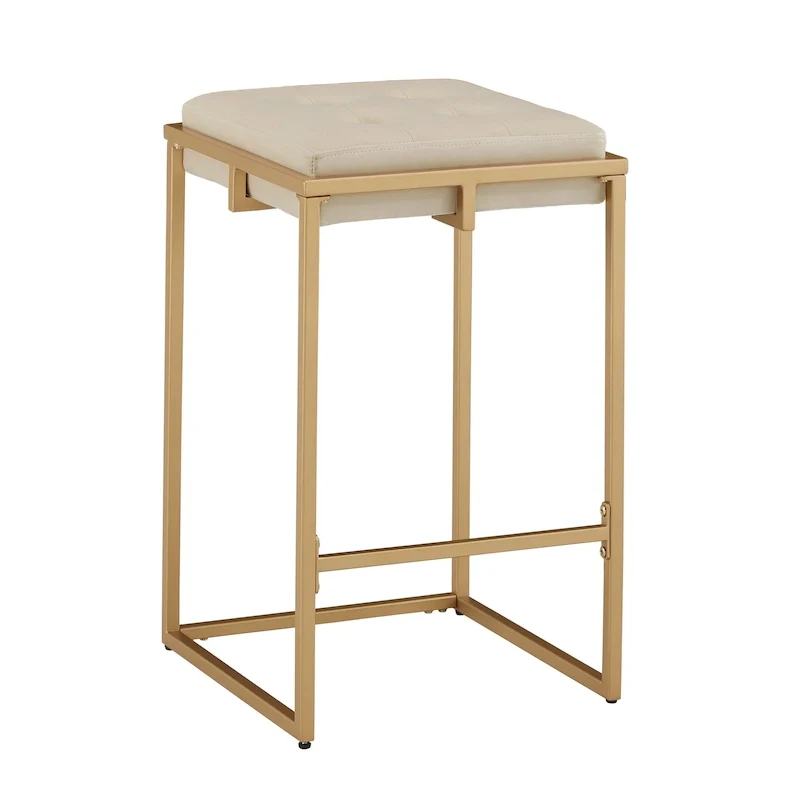Backless Velvet Button-Tufted Bar Stool with Gold Metal Base & Footrest – Beige / Blue / Green, Counter / Bar Height