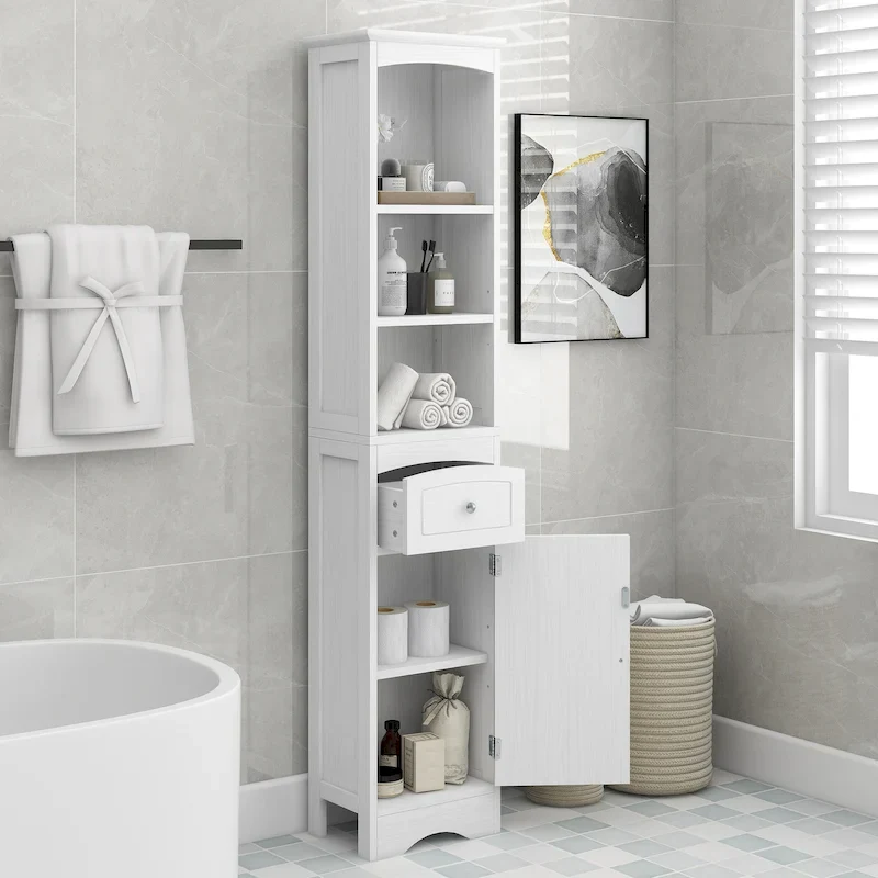 Modern White Bathroom Storage Cabinet with Adjustable Shelf,Drawer - 13.4 L x 9.1 W x 66.9 H
