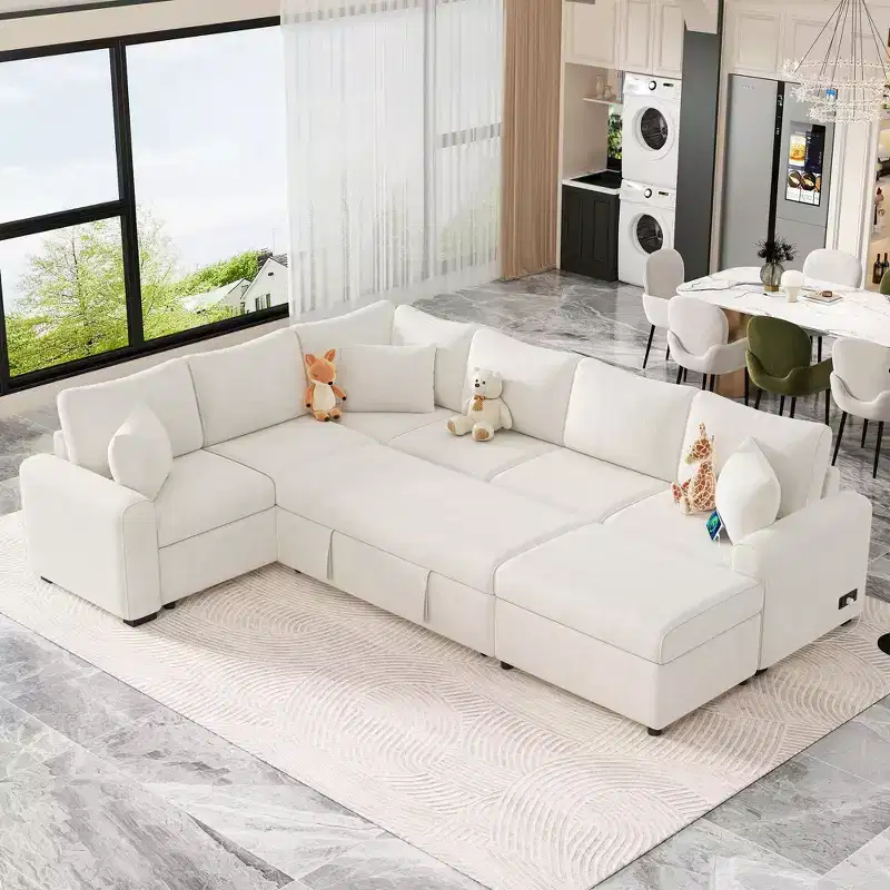 CLIHOME 112.2 Modern Sectional Sofa Pull-out Sofa Bed Sleeper with a Storage Ottoman and Three Pillows