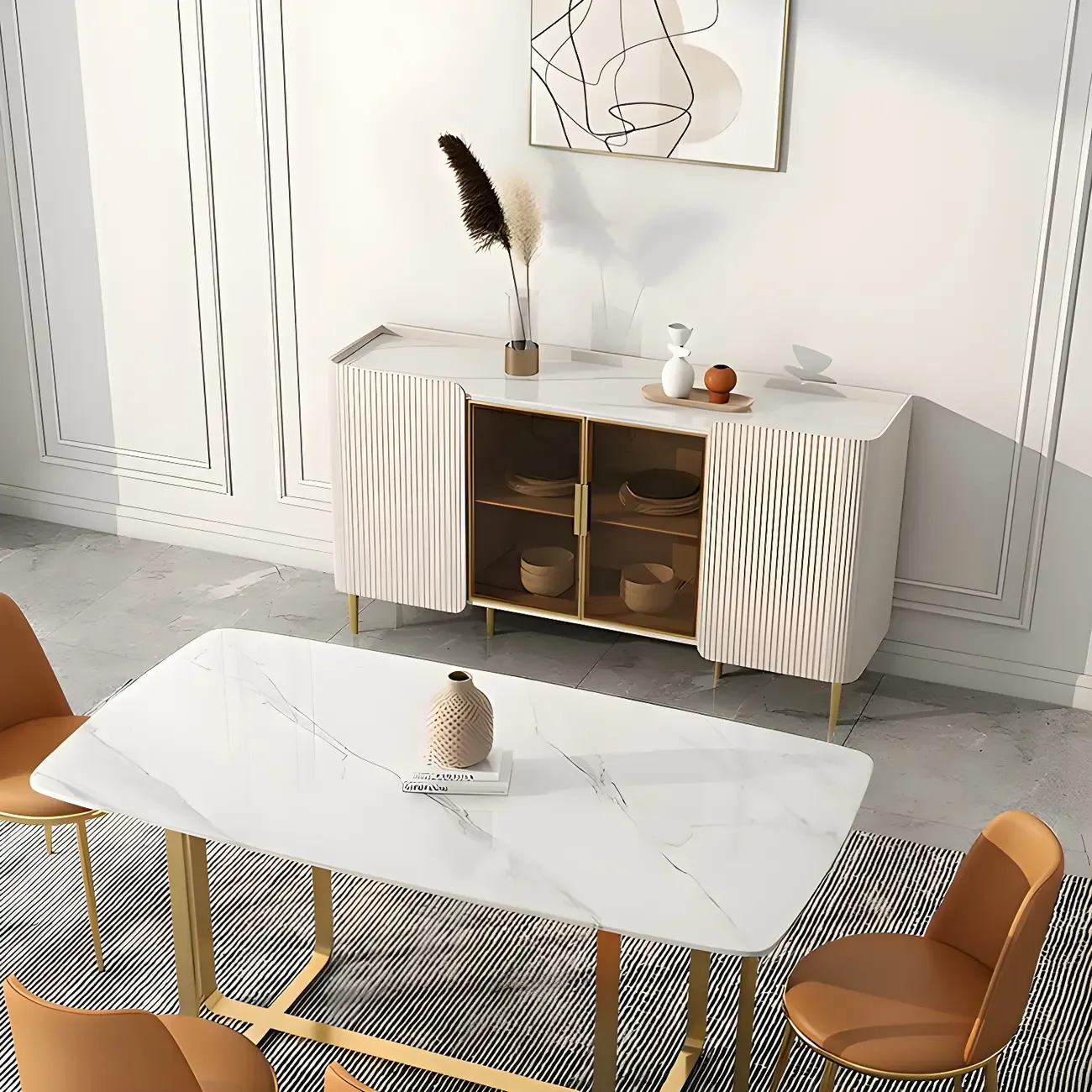 Glam Off-White Stone Countertop Sideboard with Shelves
