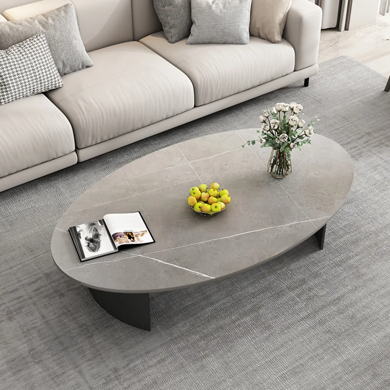 Oval Stone Top Scratch Resistant Iron Base Coffee Table