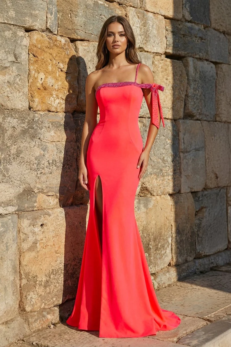 Coral Mermaid One Shoulder Beaded Long Prom Dress with Slit