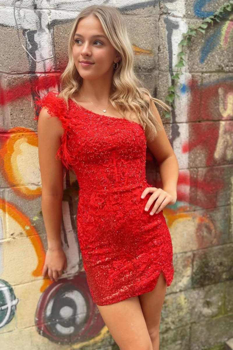 One-Shoulder Red Sequin Lace Sheath Mini Party Dresses with Feathers