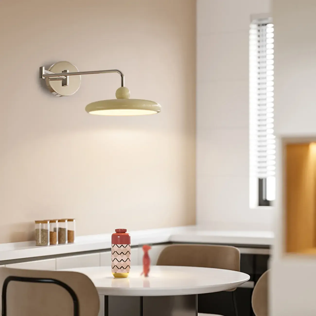 Modern Beige Swing Arm Wall Light with Round Shade