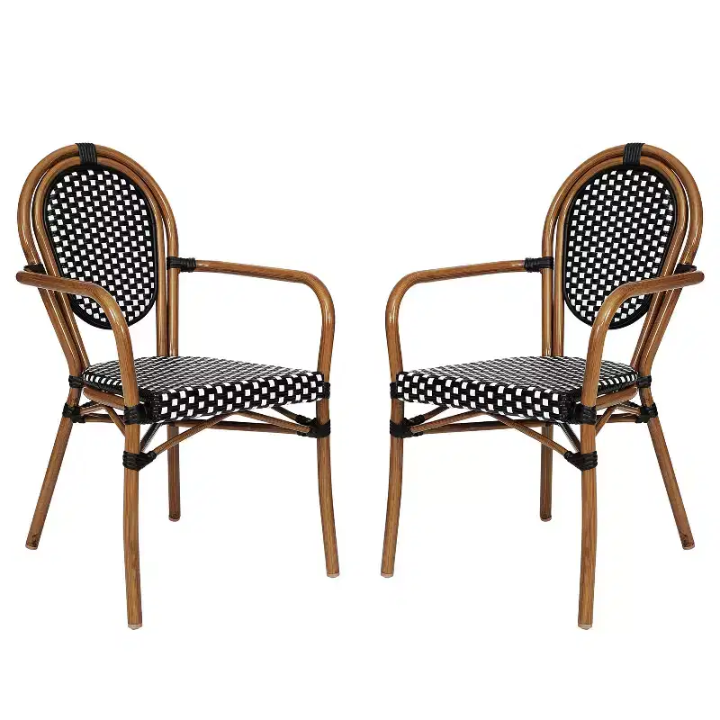 Flash Furniture 2 Pack Lourdes Indoor/Outdoor Commercial Thonet Bistro Stacking Chair with Arms, PE Rattan and Aluminum Frame