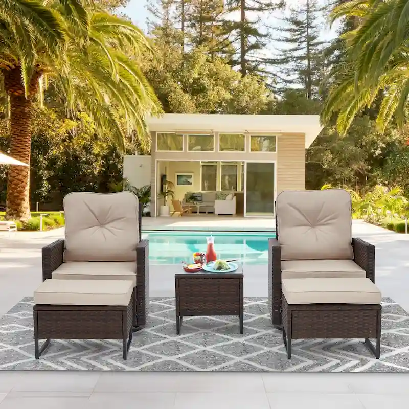 AVAWING 5 PCS Outdoor Wicker Swivel Rocking Chairs with 2 Ottomans and 1 Side Table