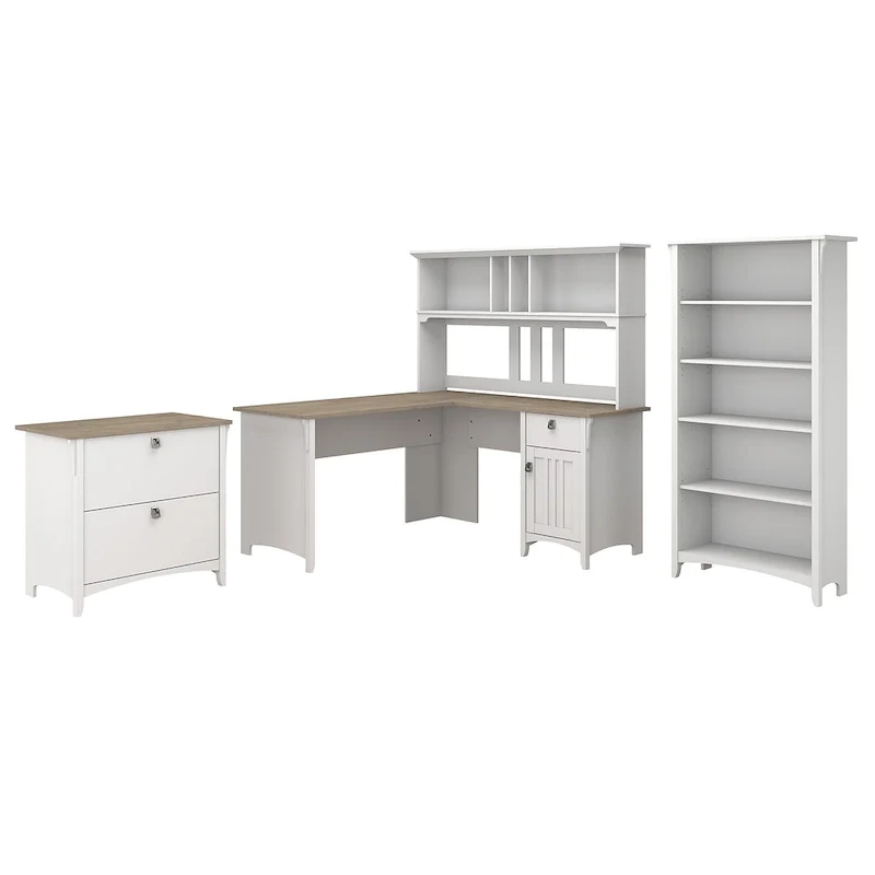 Salinas 60W L Desk with Hutch, Cabinet and Bookcase by Bush Furniture