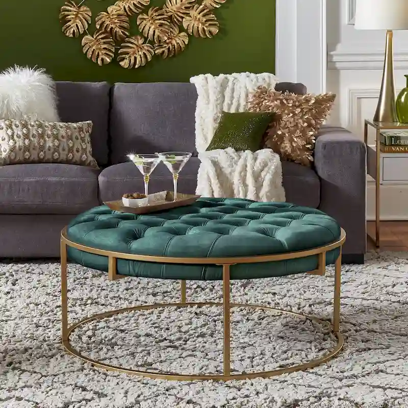 Gold Finish Velvet Button Tufted Round Ottoman