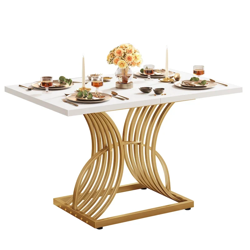 Moasis Rectangular Dining Table for 4, White and Gold Kitchen Table Dinner Table