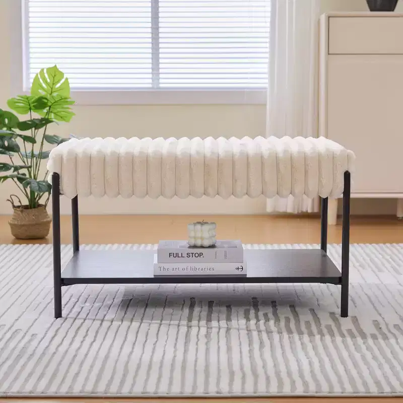 Upholstered Ottoman Coffee Table 30.7, Faux Fur Footstool, Black Metal Legs, Wooden Open Shelf for Living Room, Bedroom, Entry, Hotel