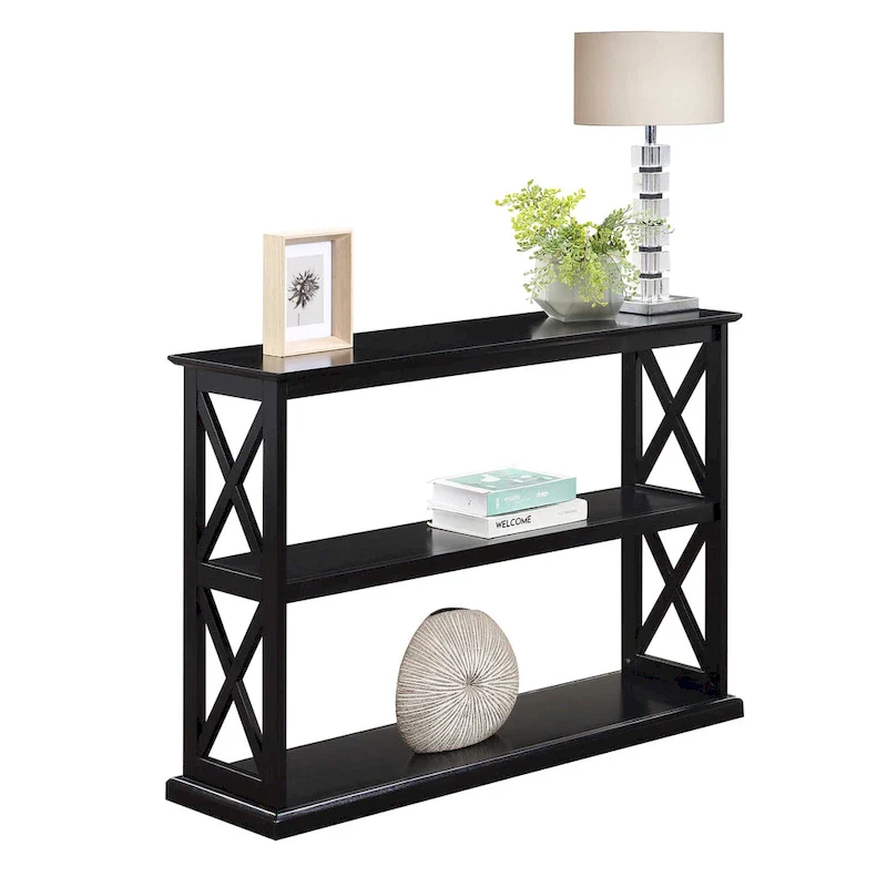 Espresso / Driftwood White / Black X-Panel Console Table with 2 Shelves