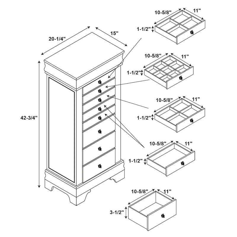 Flip-Top Wooden Jewelry Armoire with 8-Drawer - 42.75 - Brown