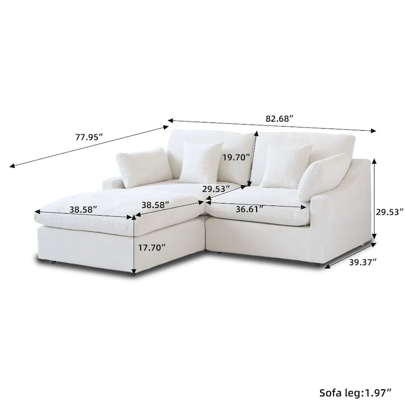82.68   Down Filled Sectional Couch L-shape Linen Upholstered Loveseat with Ottoman