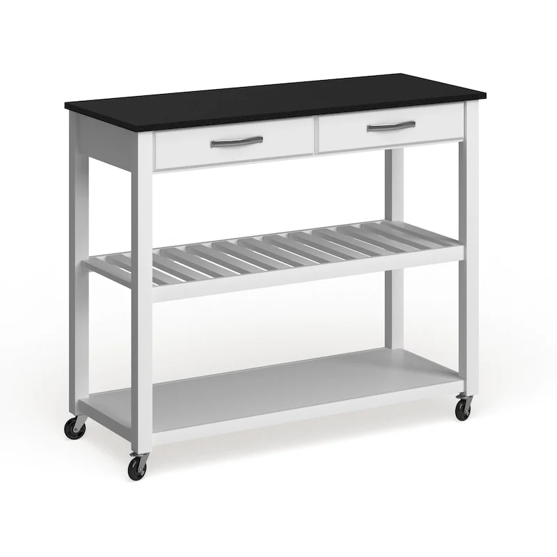 Solid Black Granite Top Kitchen Cart/ Island With Optional Stool Storage in White Finish - 17d x 43w x 35h