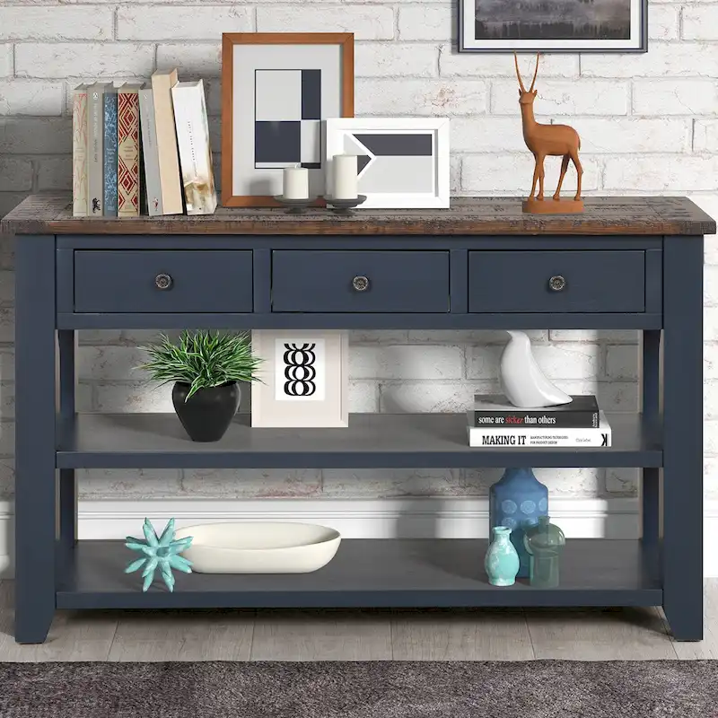 Modern Solid Pine Wood Console Table with 3 Drawers and 2 Shelves