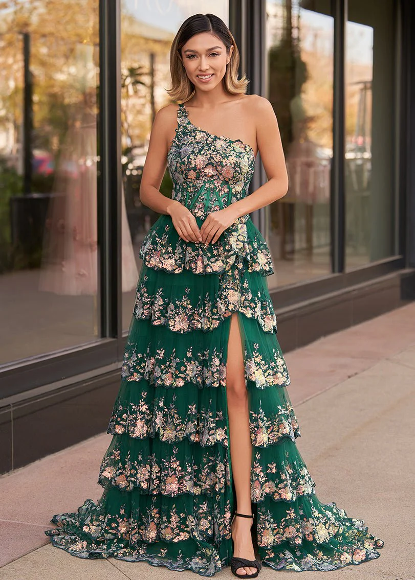 Sheath One Shoulder Tiered Lace Long Prom Dress