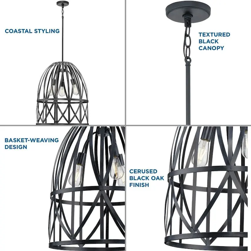 Chastain Collection Three-Light Cerused Black Oak Basket Farmhouse Pendant Light - 20.87 in x 20.87 in x 25.25 in