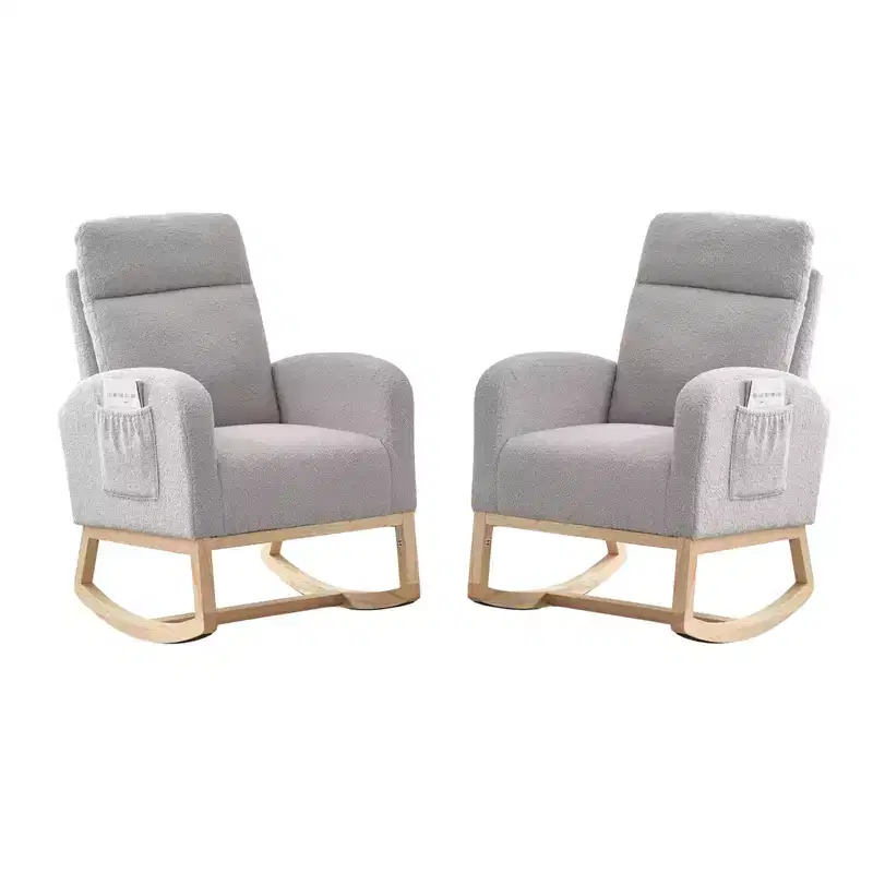 2 Pack Nursery Rocking Chairs with Solid Wood Legs, Glider Armchairs with Side Pocket, Upholstered Rockers for Living Room or Bedroom (Gray, Teddy)