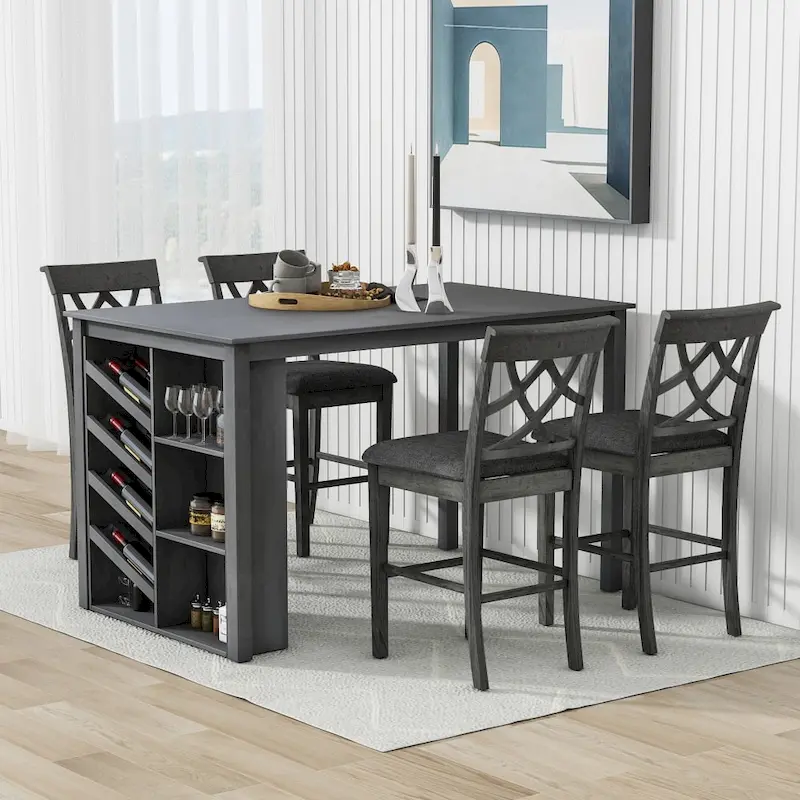 Counter Height 5-Piece Dining Set with Wine Rack, 4 Upholstered Chairs