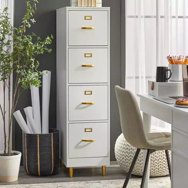 Buylateral Dixie 4 Drawer Filing Cabinet White: Gold-Tone Hardware, MDF, Space-Saving Design