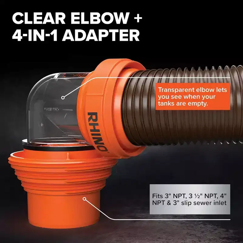 Camco RhinoFLEX 15 Ft RV Sewer Hose Kit with Clear Elbow and 4-in-1 Adapter