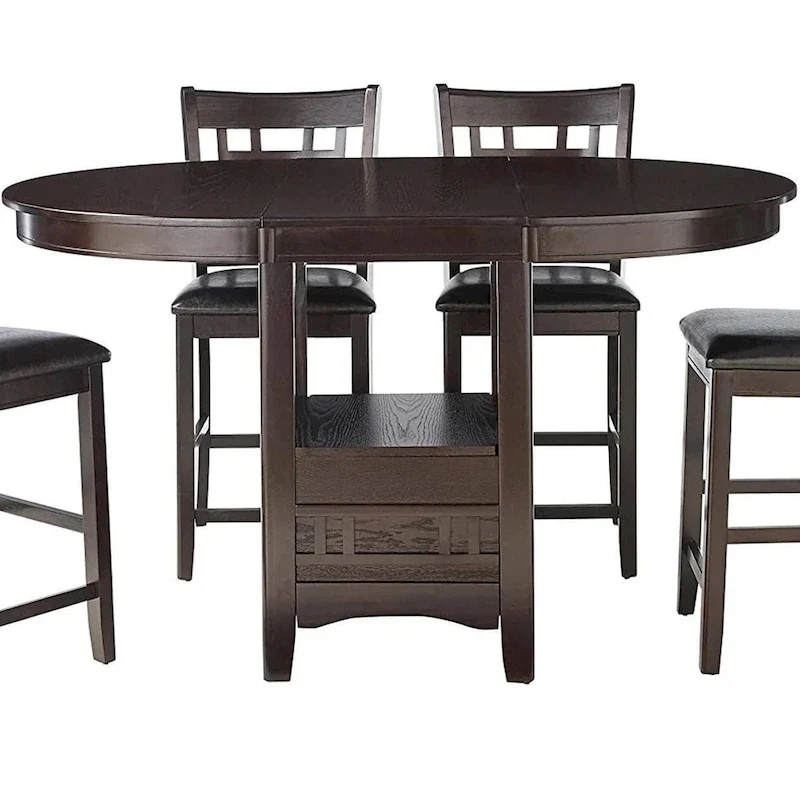 Espresso Round-to-Oval Counter-Height Dining Table with Storage Pedestal, Seats 4–6