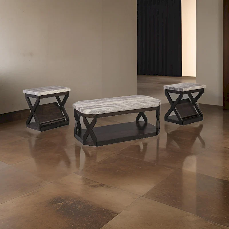 Faux Marble Table Set with 1 Coffee Table and 2 End Tables, Gray and Brown