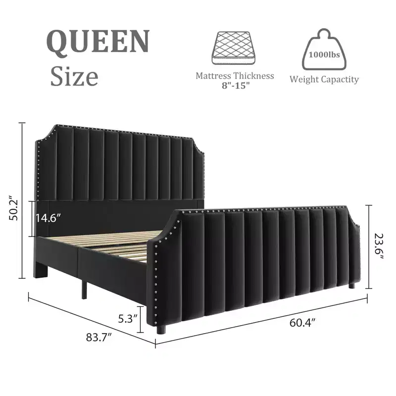 Black Velvet Bed Frame  50.2 Channel Tufted Headboard, Upholstered Platform with Wooden Slats, No Box Spring Needed