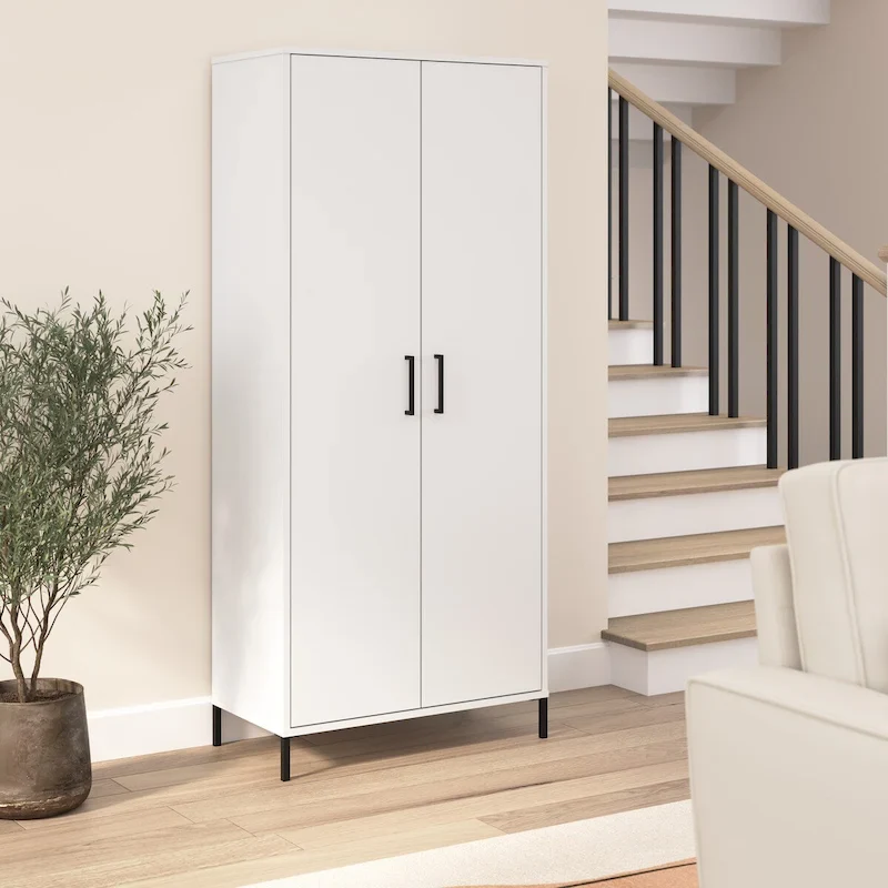 Tall Storage Cabinet with Doors & Adjustable Shelves – White, Single