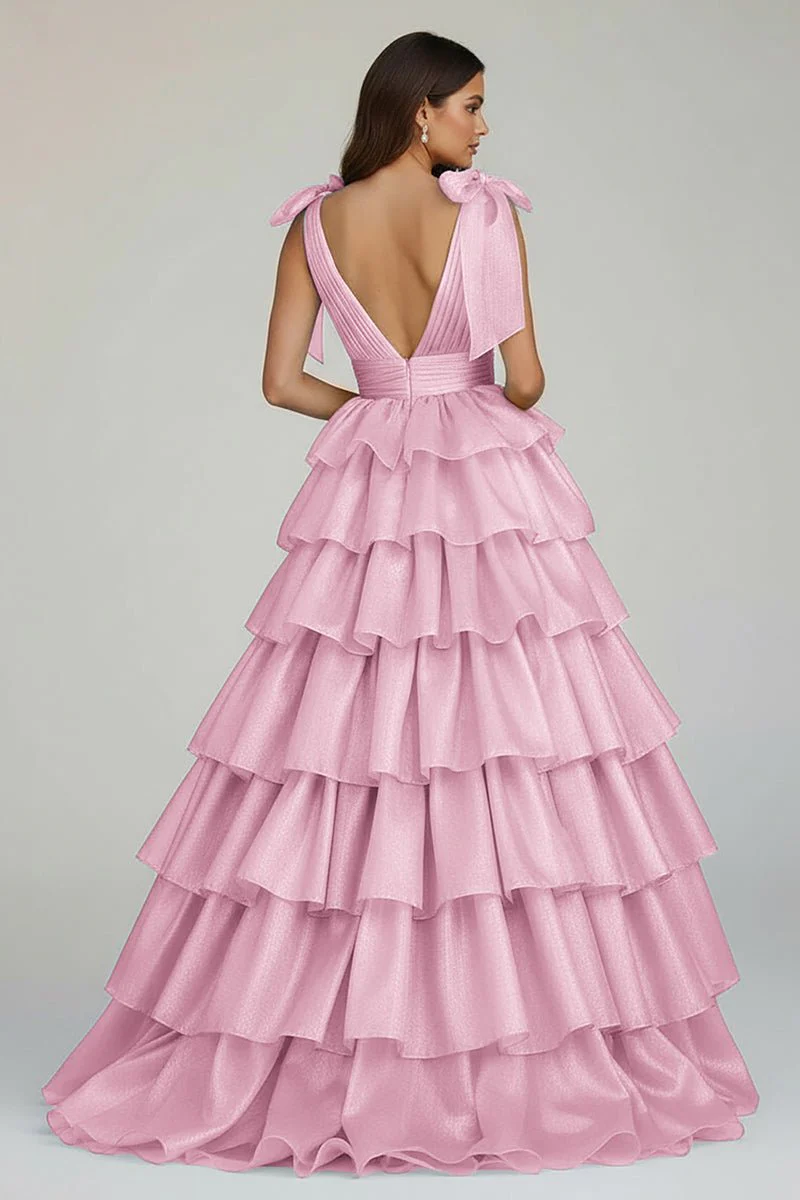 Glitter Tie Straps Pink Plunging Neck Tiered Long Prom Dress