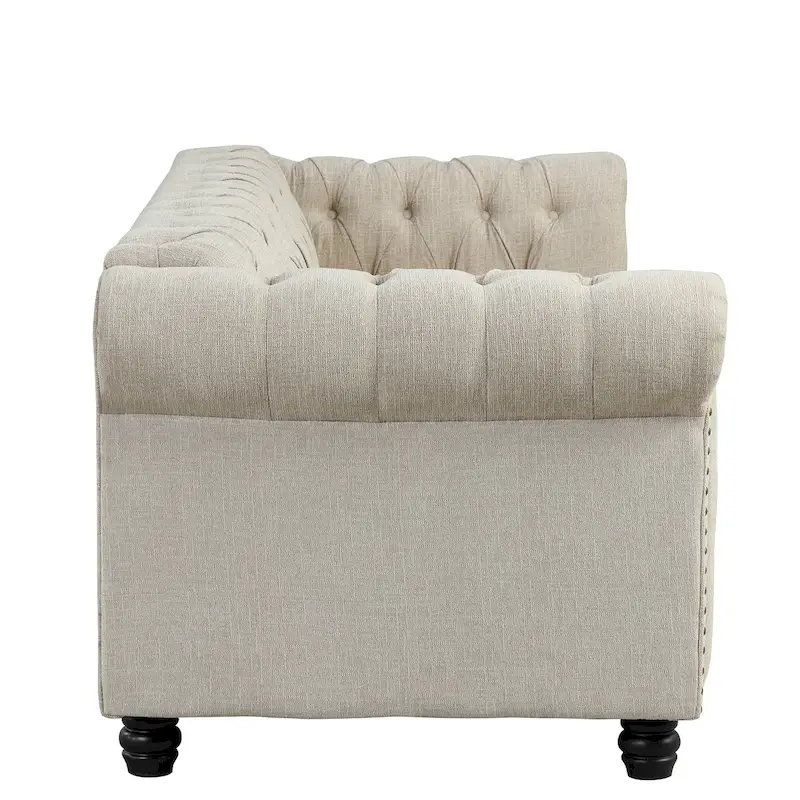 Linen Chesterfield Sofa with Button Tufted, Nailhead and Solid Wood Legs