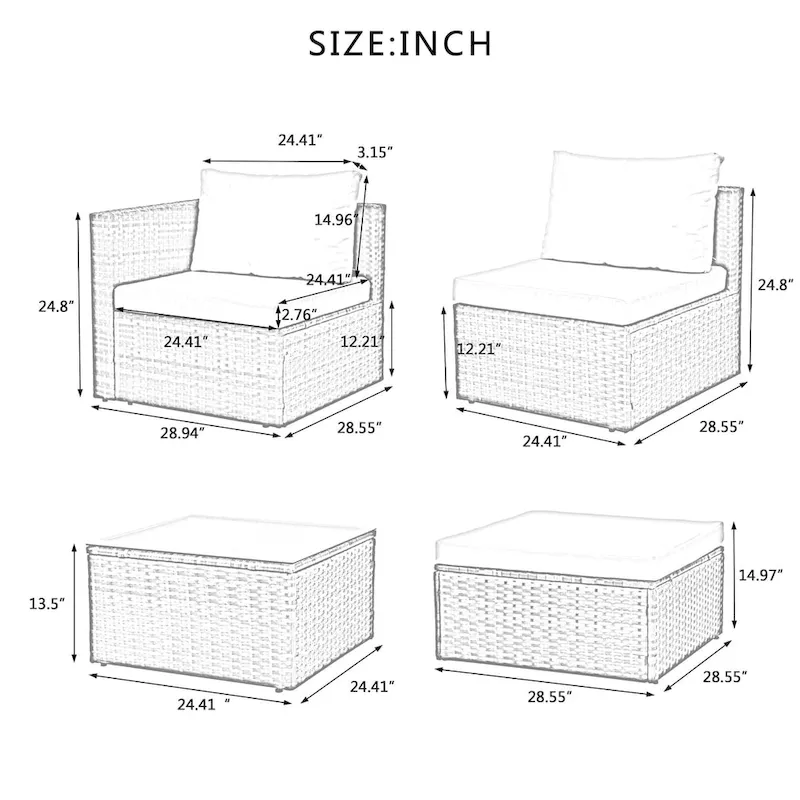5 Set Wicker Furniture With Tempered Glass Coffee Table