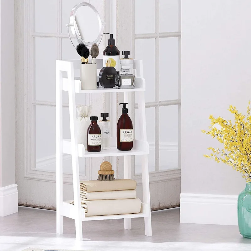 3-Tier Ladder Shelf, Bathroom Shelf Freestanding, 3-Shelf Spacesaver Open Wood Shelving Unit, Ladder Shelf (White)