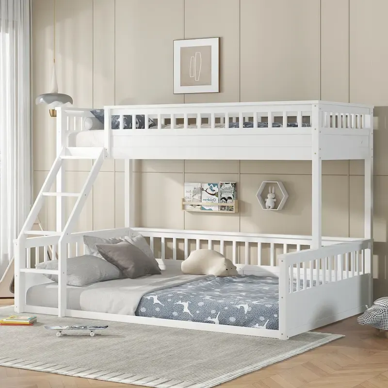 Off White Pine Wood Twin XL over Queen Bunk Bed with Ladder and Full-Length Guardrails – 2-Person