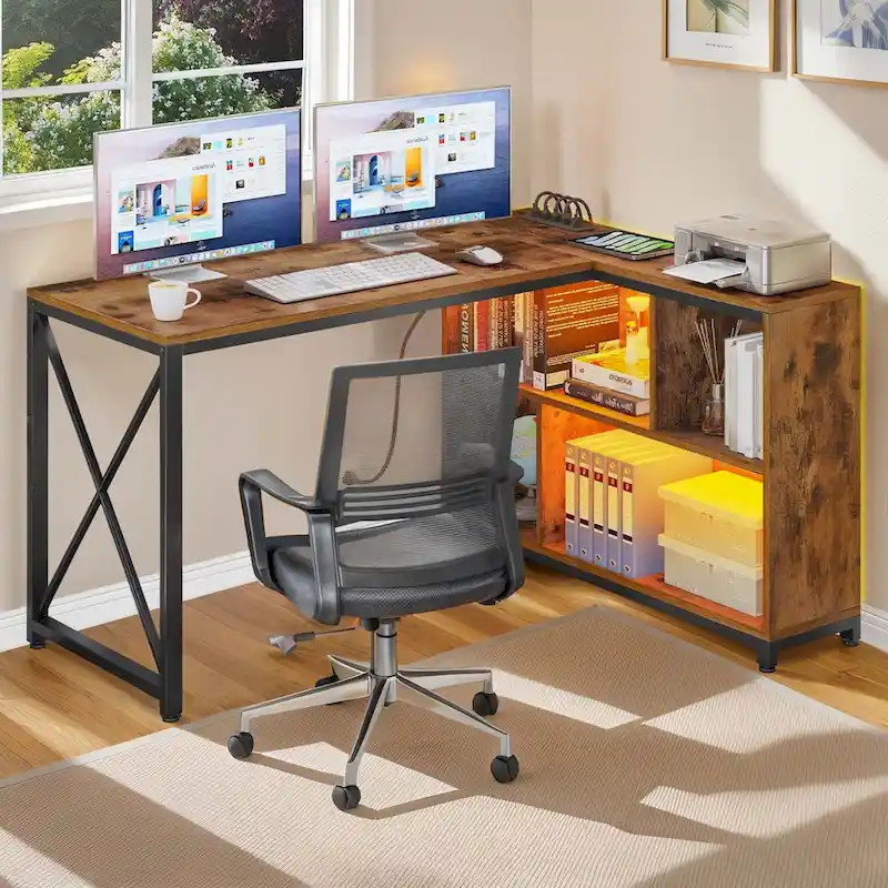 Brown / Grey / White Reversible L-Shaped Corner Desk with Shelves, RGB LED & Power Outlets, 1-Person