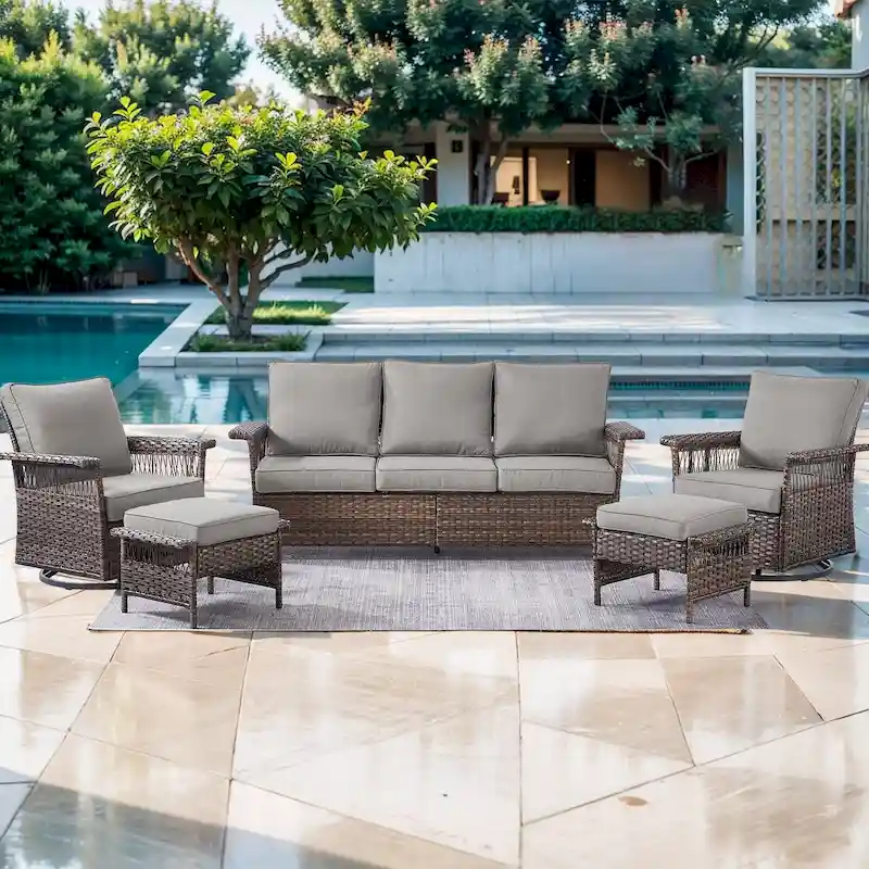 PE Wicker Sofa Chairs with Ottomans and Table - Brown