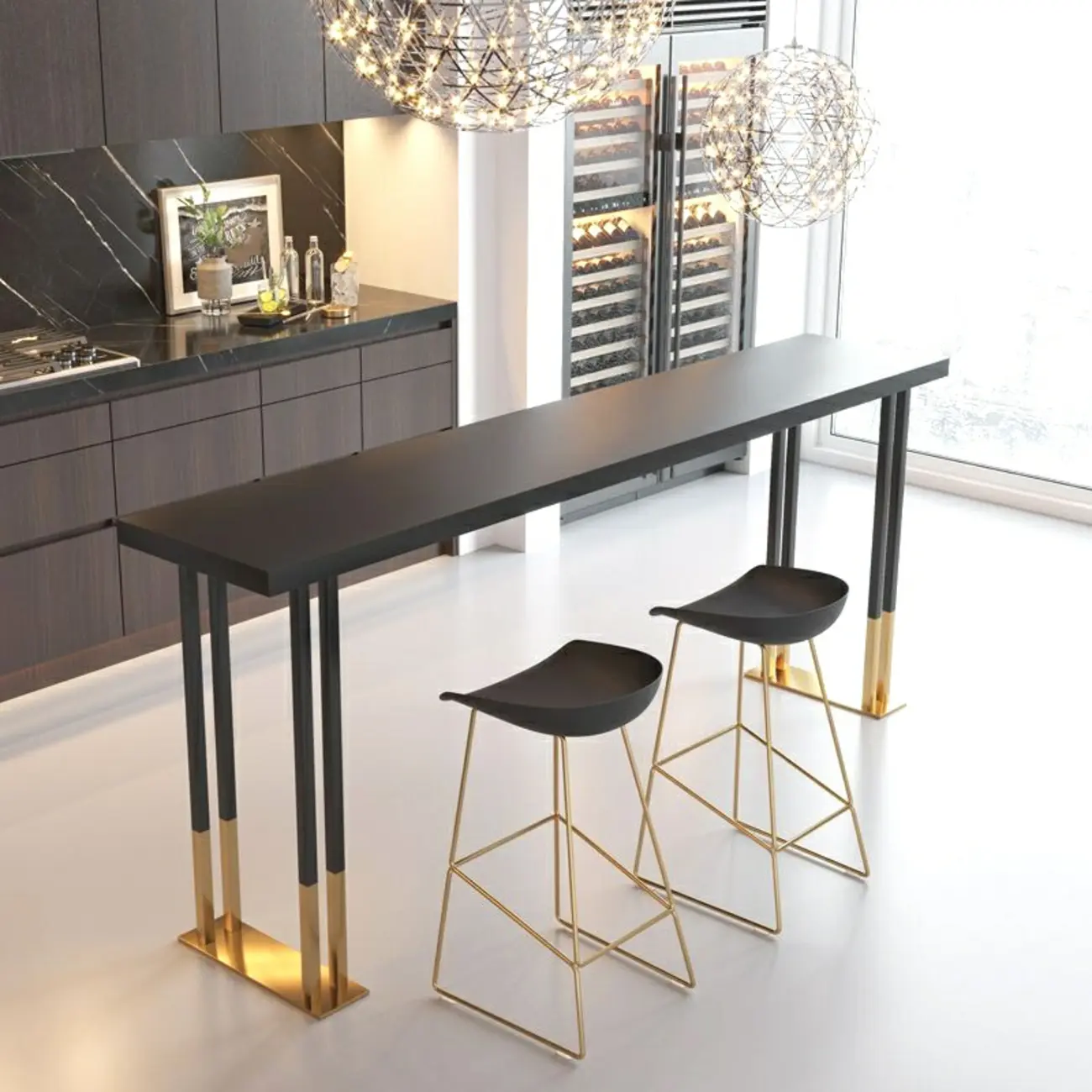 Luxury Black Metal Height Bar Table with Golden Legs for 8 People