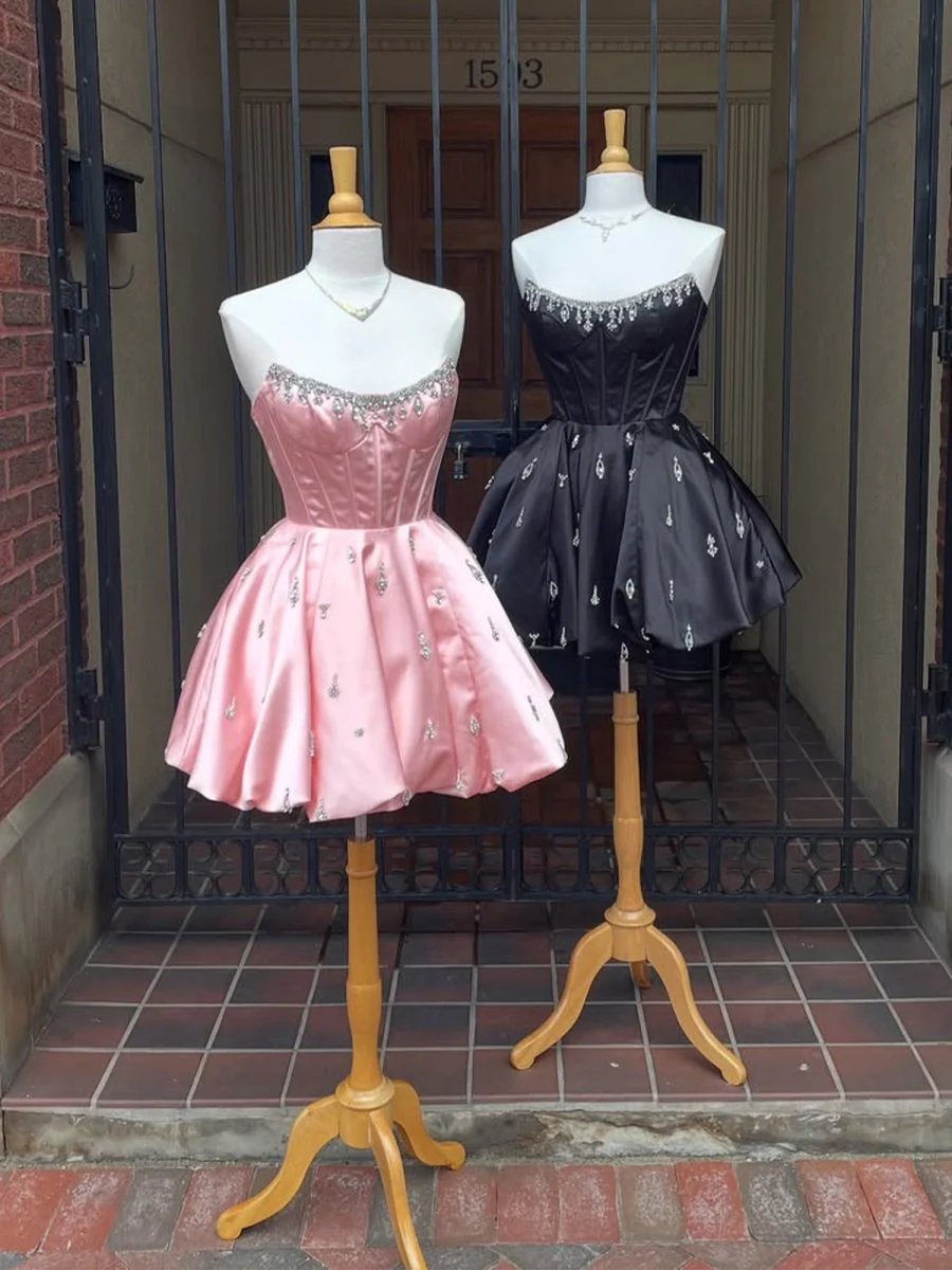 Pink - A Line Scoop Neck Corset Beaded Short Homecoming Dresses