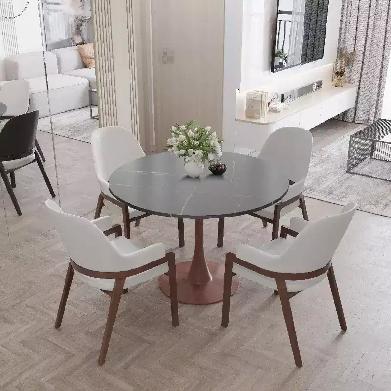 LeisureMod Bristol 31 Round Dining Table with Sintered Stone Top and Cherry Steel Pedestal Base for Modern Kitchen and Dining Room