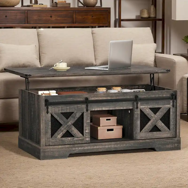 Oak / Espresso / Brown Top+White | Lift Top Coffee Table with Sliding Barn Door & Hidden Storage | Seats 1