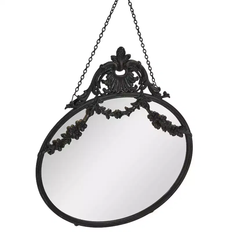 Storied Home Vintage Pewter Framed Wall Mirror with Decorative Chain: Round, No Assembly Required