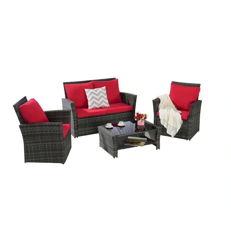 4-Piece Rattan Conversation Sofa Set with Glass Table