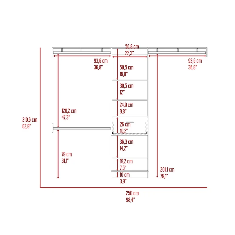 Cross Closet System with Drawer, 3 Metal Rods, and 5 Open Shelves