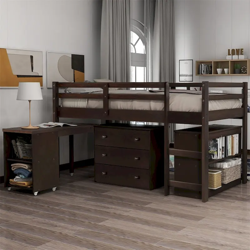 Twin Low Loft Bed with Desk & Cabinet – Espresso / White / Grey, Single