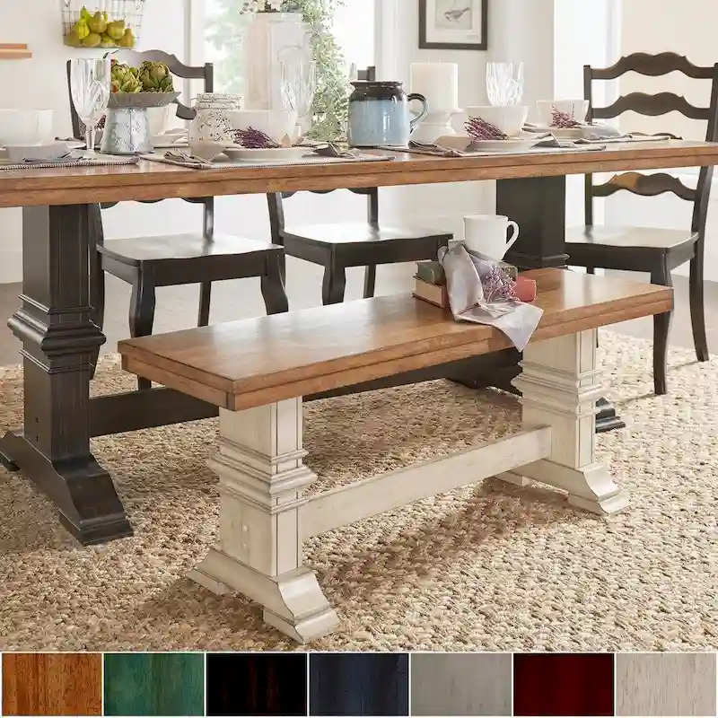 Oak/Multi-Color Trestle Leg Rubberwood Dining Bench, 2-Person