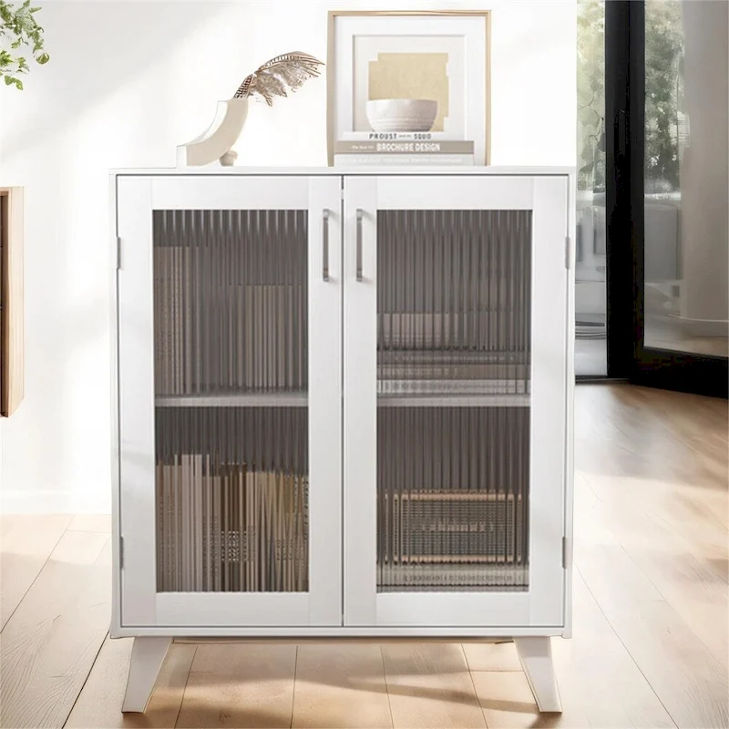 Modern Wood Bathroom Cabinet with 2 Glass Doors and Adjustable Shelf