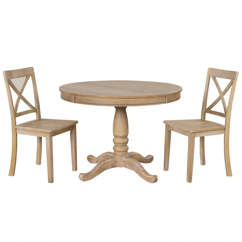 Natural Wood Wash 5-Piece Wooden Dining Table Set with Expandable Round Table & 4 Chairs
